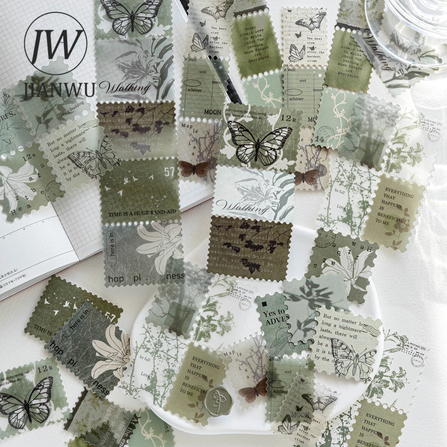 

Серия JIANWU «Всё тихо и загадочно»: винтажные почтовые марки, пейзажные элементы, наклейки для коллажей, креативные канцелярские принадлежности для дневников