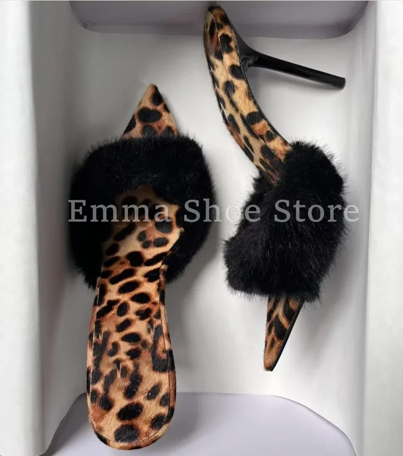 المرأة مثير ليوبارد طباعة خنجر كعب النعال مصمم فو الفراء تقليم أشار تو الصنادل الصيف أنيق فستان الحفلات الأحذية #2