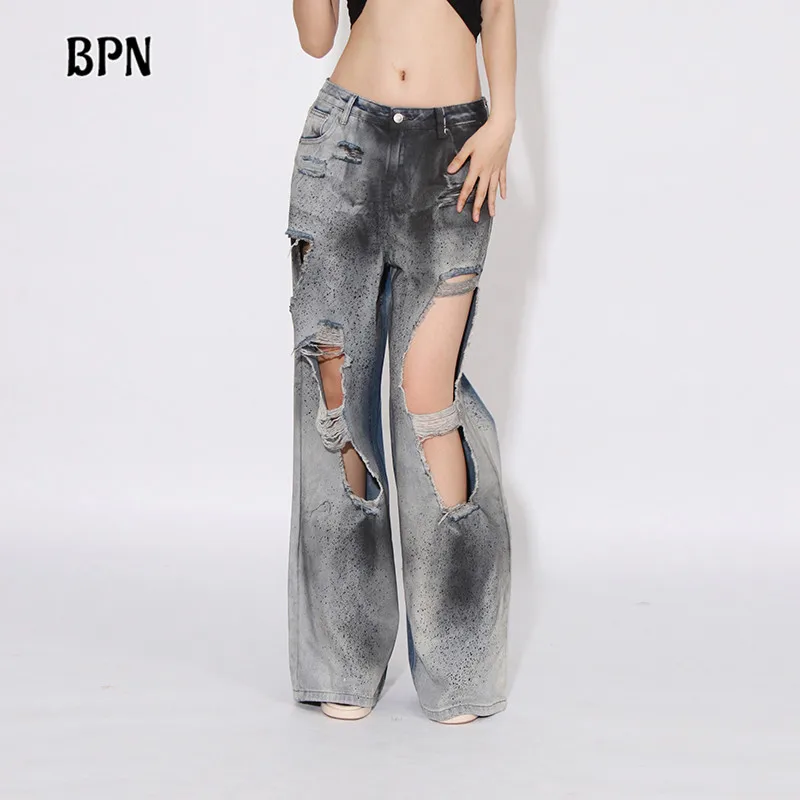 

BPN Streetwear Hollow Out Jeans For Women High Wiast Hit Colot Holes Patchwork Pockets Casual Loose Wide Leg Denim Pants Female