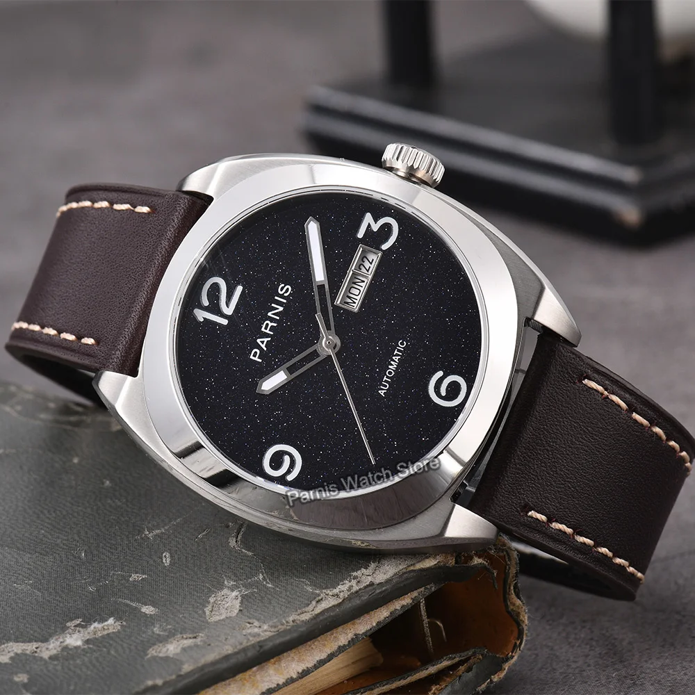 Parnis 42mm Silver Case Starry Sky Full of Stars Dial Mechanical Men Watch Sapphire Glass Automatic Movement Wristwatch