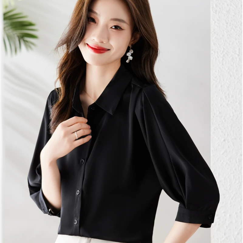 2024 Summer Polo-Neck Womens Tops Solid Button Up Women Shirt Korean Fashion Elegant Blouse Women\'s Clothing White Shirt Women