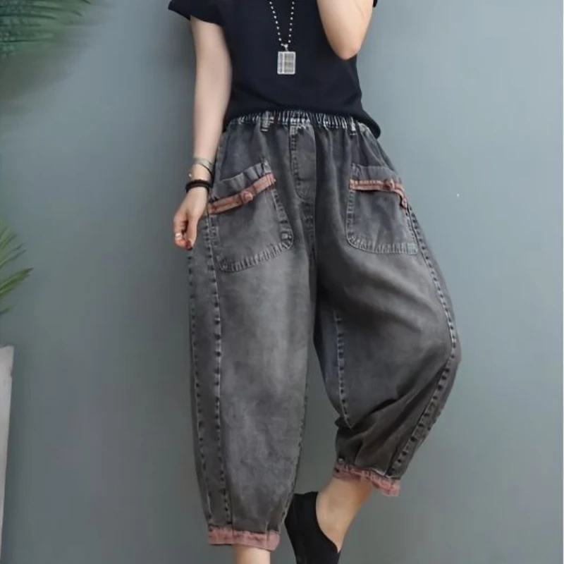 Women Jeans Black Harlequin Denim Jeans Woman Clothing Baggy Trouser Vintage High Waisted Y2k Casual Chic Streetwear Thin Summer