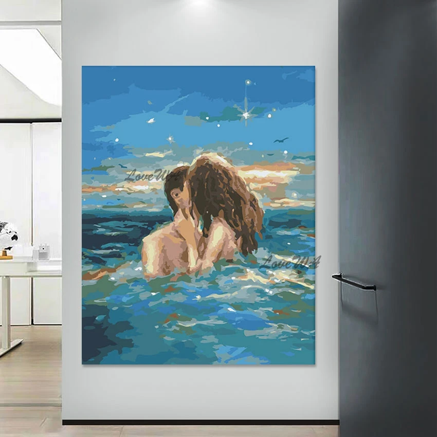 High Quality Canvas Art Picture Modern Wall Mural Frameless Acrylic Decorative Items,Abstract Hand Painted Sea Couple Kiss