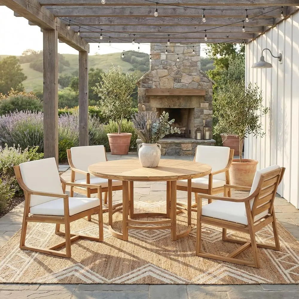 

Outdoor Acacia Wood Dining Set with 4 Armchairs and Removable Cushions for Patio and Garden (Light Teak Finish)