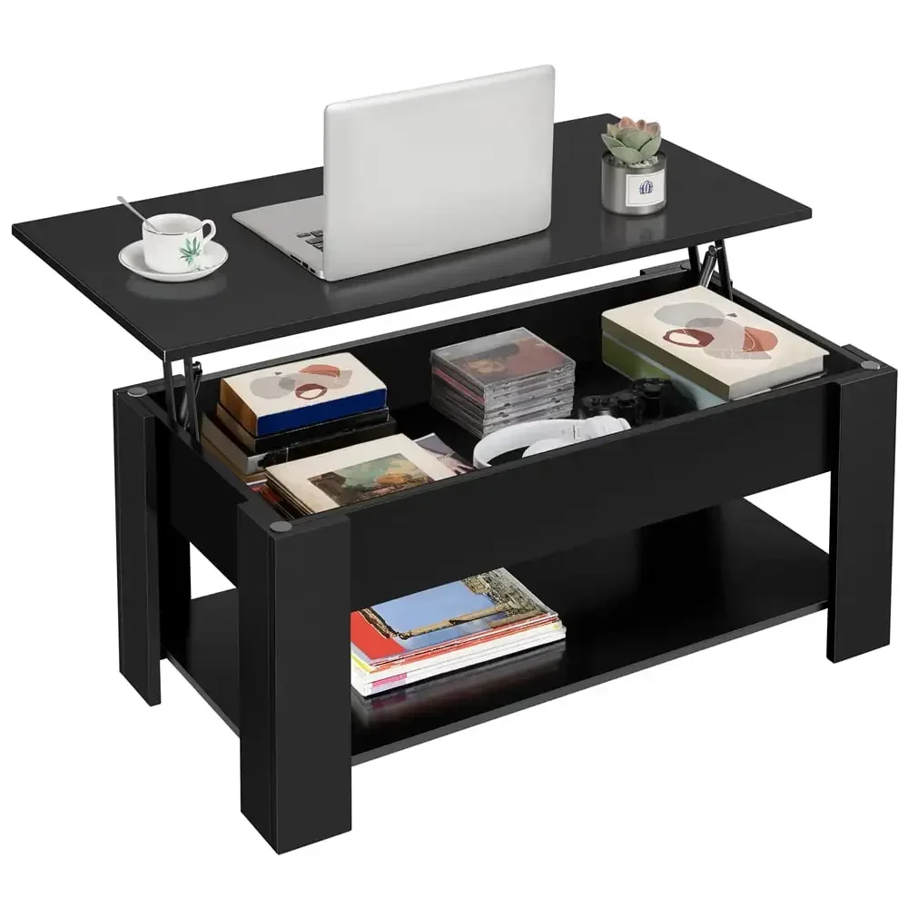 Table basse relevable moderne noire, compartiment GNE, rangement pour salon, 39 po