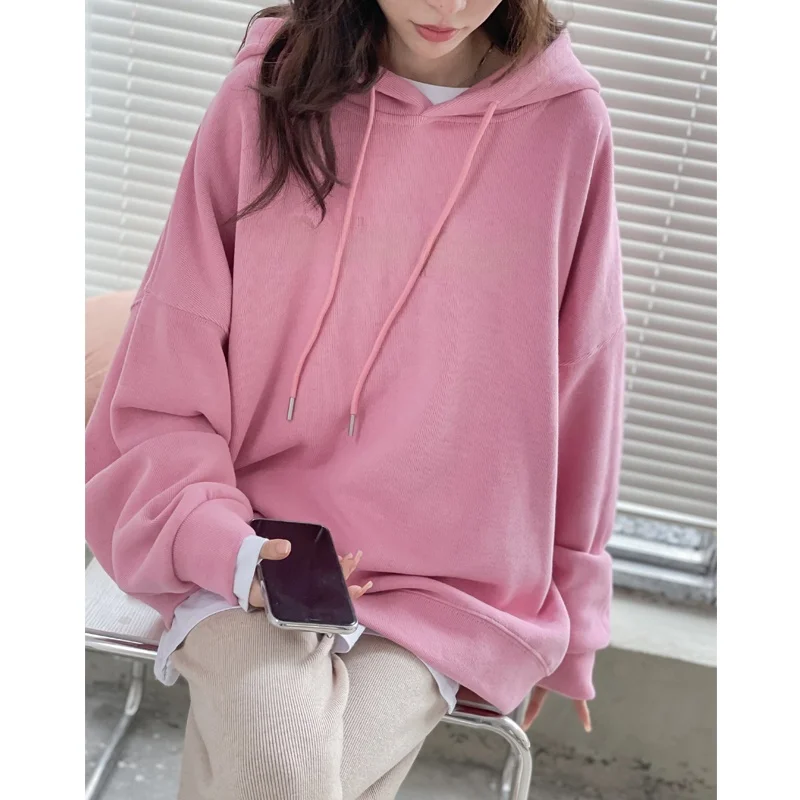 

Thickened Fleece Hooded Sweatshirt with Drawstring Mid-Length Base Layer Pure Color Autumn Winter Women's Clothing