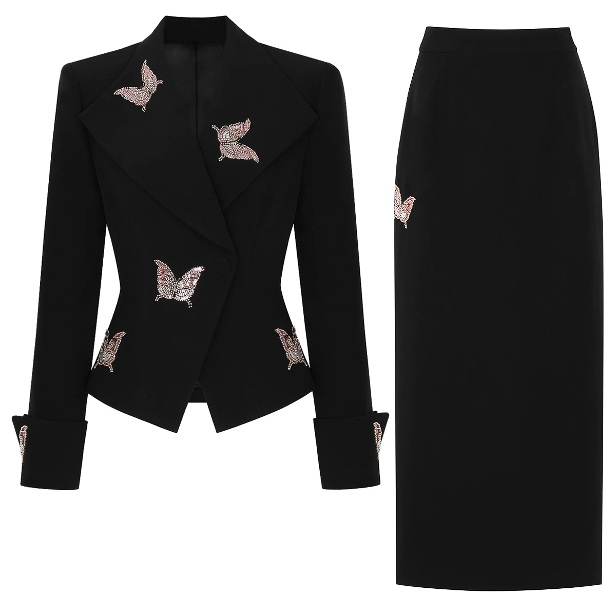 25309 Spring And Autumn New Women's Fashion Internet Celebrity Nail Bead Butterfly Suit Top Coat+Suit Half Skirt Two Piece Set