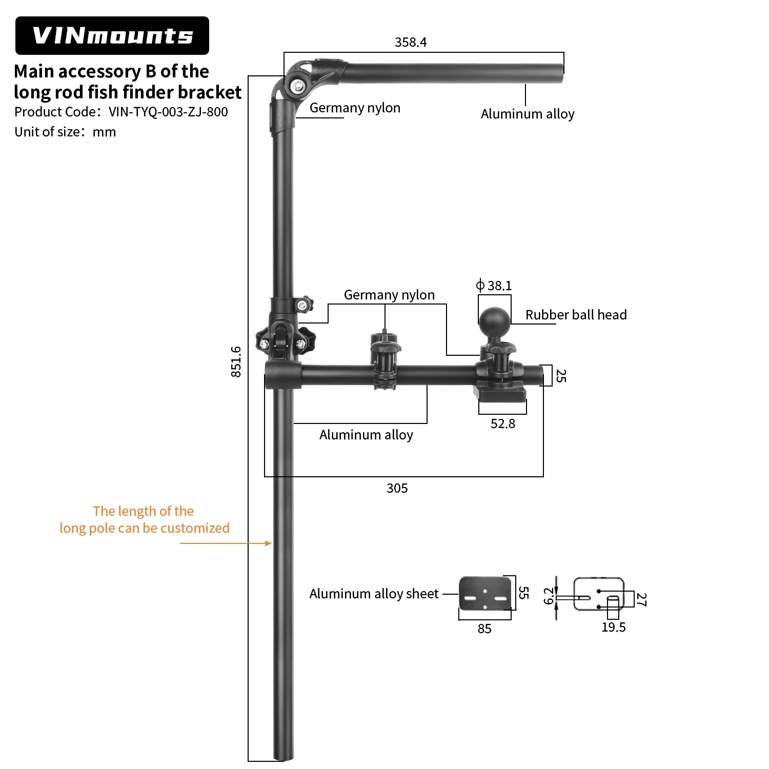 VINmounts Livescope Transducer Pole Mount for Kayaks, 360° Rotatable,Compatible with Lowrance,1.5-Inch Dual Plug Arm, Long (800)