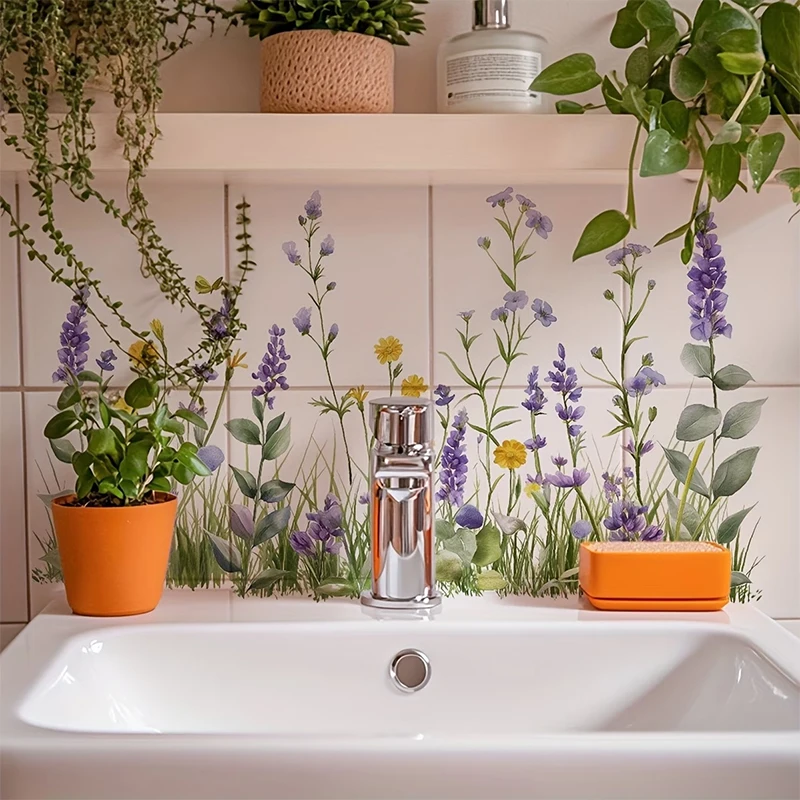 【K】Morden Fresh Floral Pattern Sink Area Background Wall Stickers Bathroom Wall Decoration Self-Adhesive Removable Waterproof