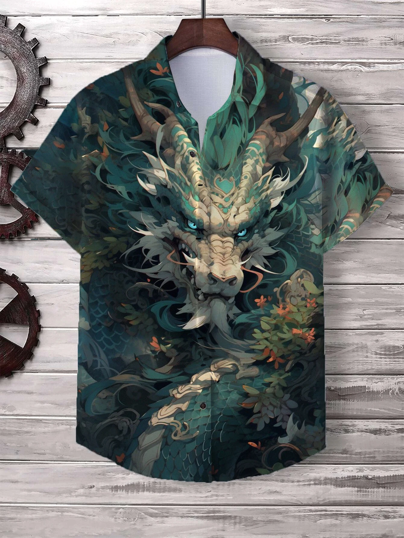 Chinese New Year\'s Shirt for Men Fashion Lapel Neck Short Sleeve Top Cool Dragon Printed Men\'s Shirt Street Hip Hop Clothing