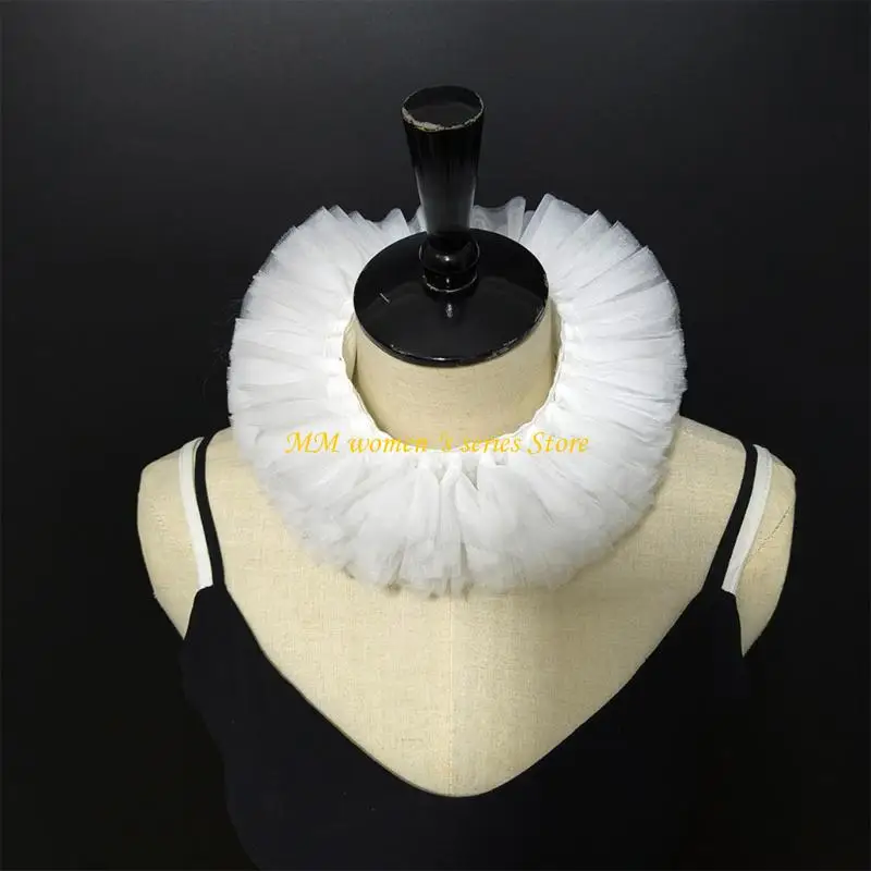 Q39C Classical White Ruffled Mesh Faux Collar Tulle Neck Ruff Clown Choker For Cosplay Costumes Themed Parties And Dress Up