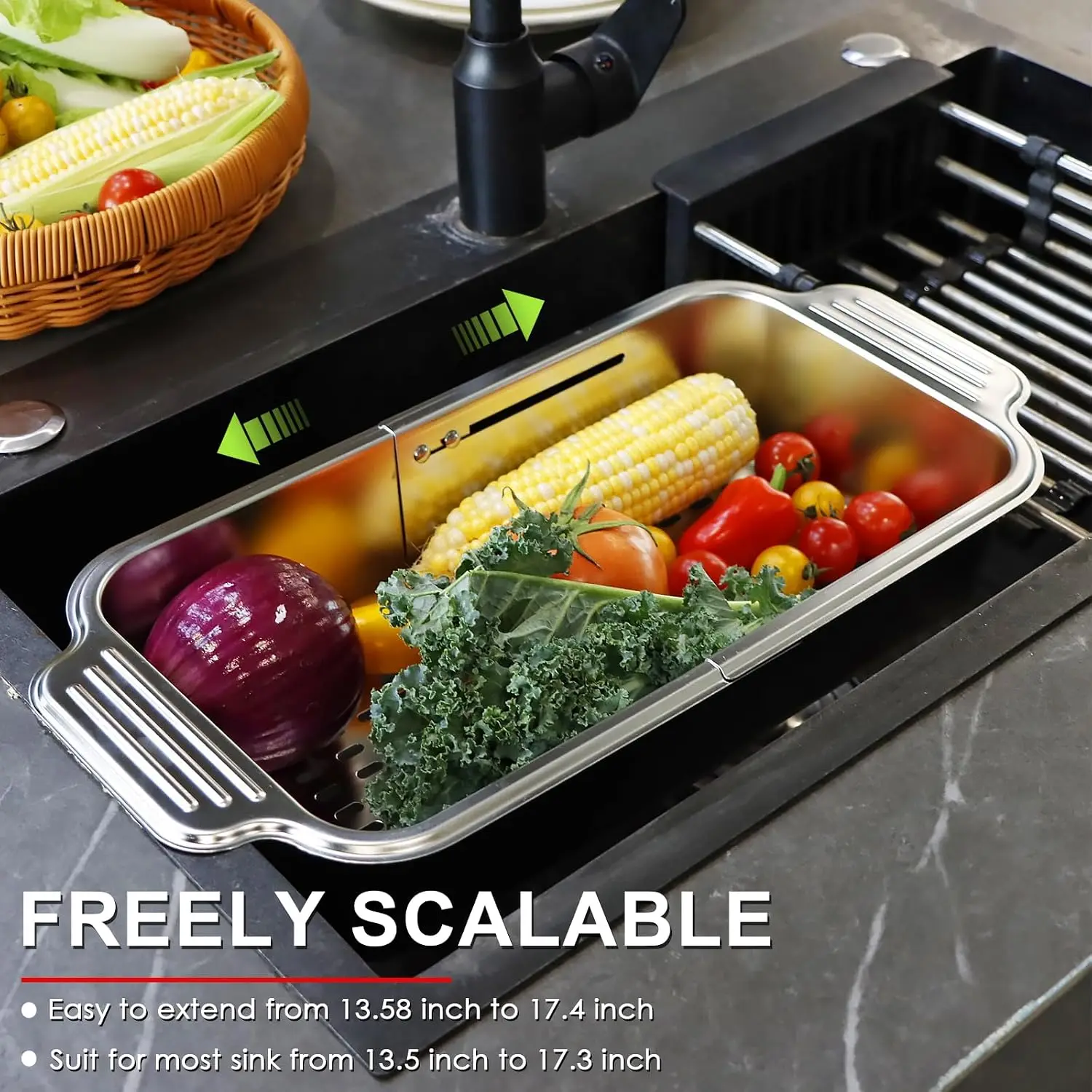 4 In 1 Collapsible Colander Strainer, 304 Stainless Steel Expandable Over The Sink Colander, Foldable Large Colanders Basket