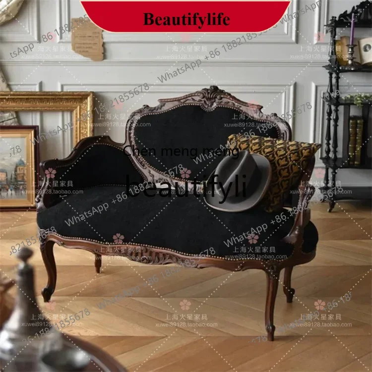 

D178 French retro solid wood fabric carved home double sofa American medieval villa