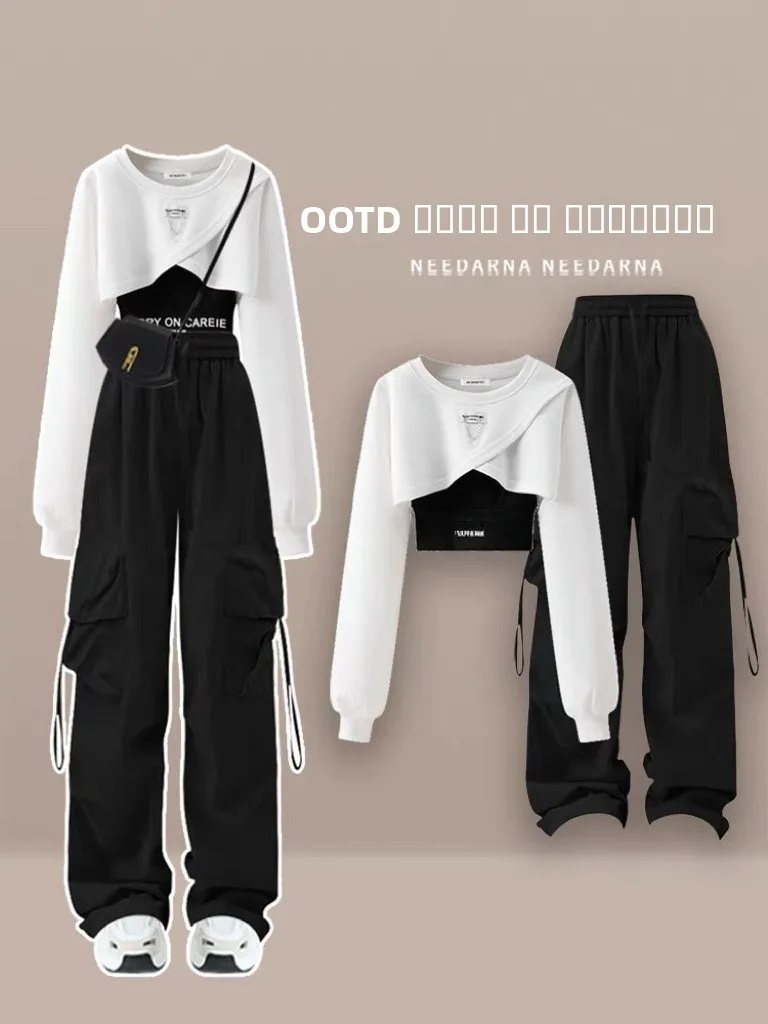 

Sweet And Spicy 2023 Autumn Fashion Sweatshirt Workwear Wide Leg Pants Three Piece Set High End Feel Cotton Blend Ensemble