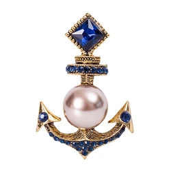 EASYA Classic Vintage Sailboat Anchor Shaped Brooch Inlaid Rhinestone Crystal Pearl Elegant Woman Chest Decoration Jewelry