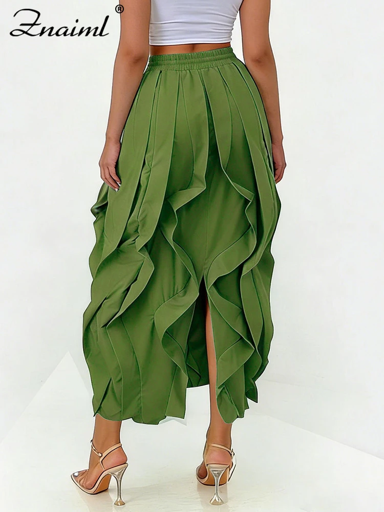 Znaiml Fashion Ruffle Mid Dress Women's Elegant Solid High Waist Drawstring Straight Skirt Female Casual Street Loose Bottoms