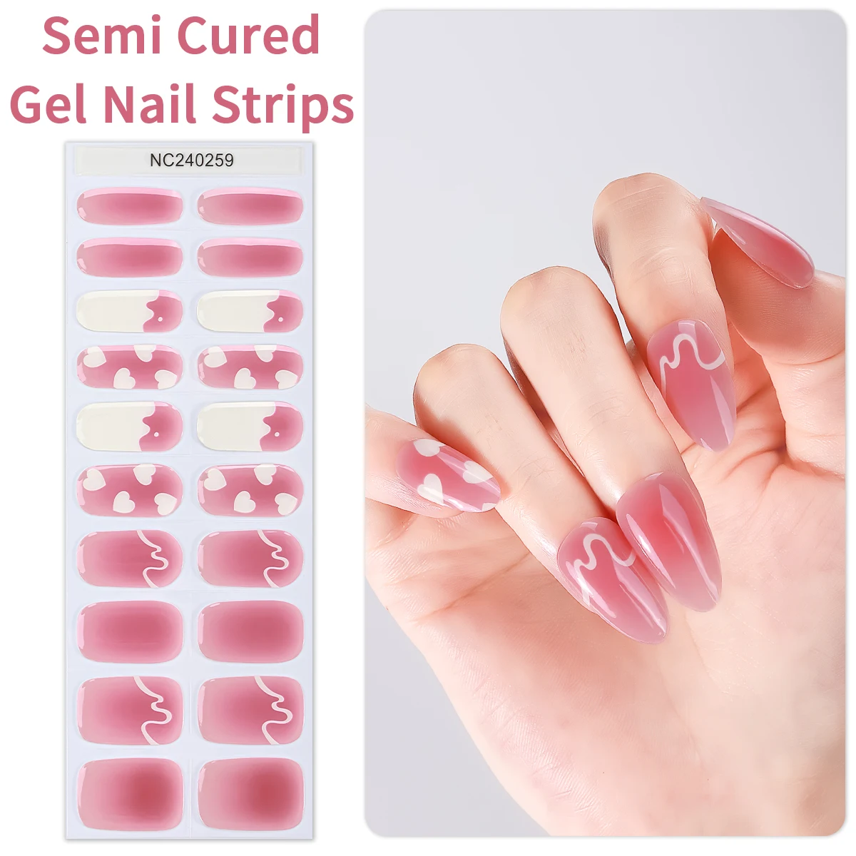 20Tips French Semi Cured Gel Nail Strips Pink and White Heart Plaid Design Gel Nails Stickers For Women Manicure Decoration