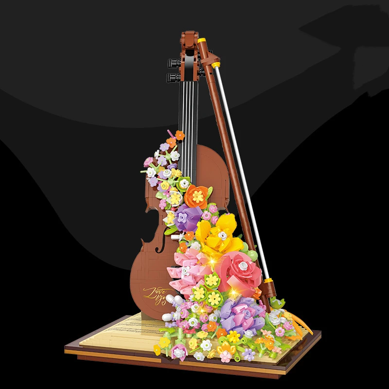 Piano Bricks Violin Musical Instrument Flower Building Blocks Mini With Light Home Decor Christmas Gift Toys For Child Adults