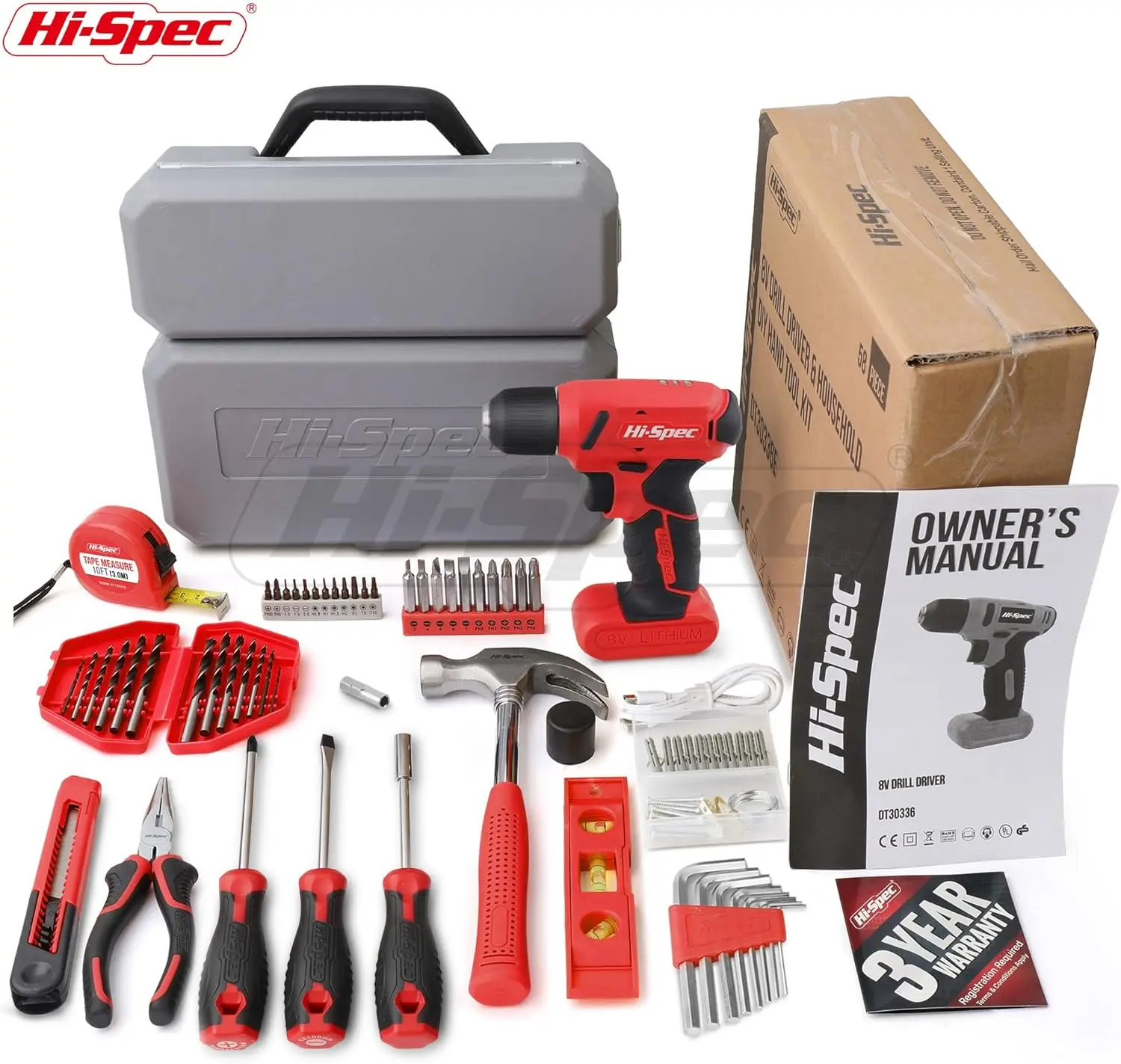 Hi-Spec 58pc Red 8V DIY Cordless Utility Electric Screwdriver. Electric Drill Driver & Household Tool Kit Set.