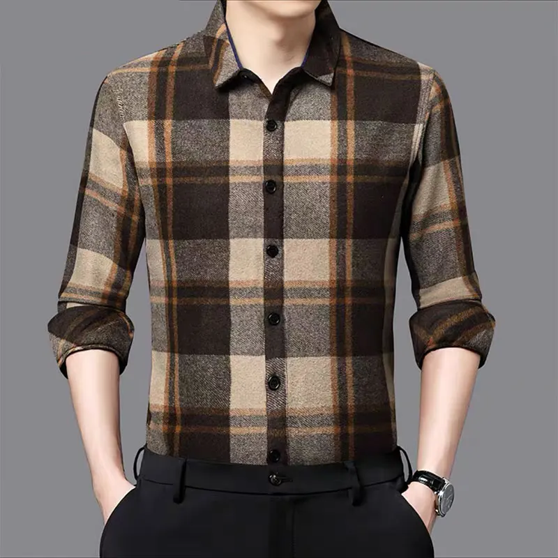 11XL 10XL large size 100% cotton men\'s long sleeve shirt Fashion light luxury casual plaid with pockets 160KG free ironing