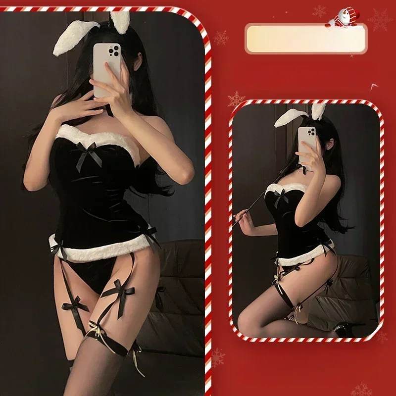 Lingerie sexy feminina de uma peça de veludo sexy coelho uniforme santa vermelho terno de natal terno de ano novo bens adultos traje espartilho