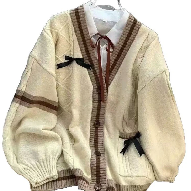 Sweter damski z kokardą, casualowy, słodki, jesienno-zimowy, japoński, klasyczny, w stylu preppy, dzianinowy, płaszcze, Y2K, vintage, kontrastowe kolory, dekolt w serek.