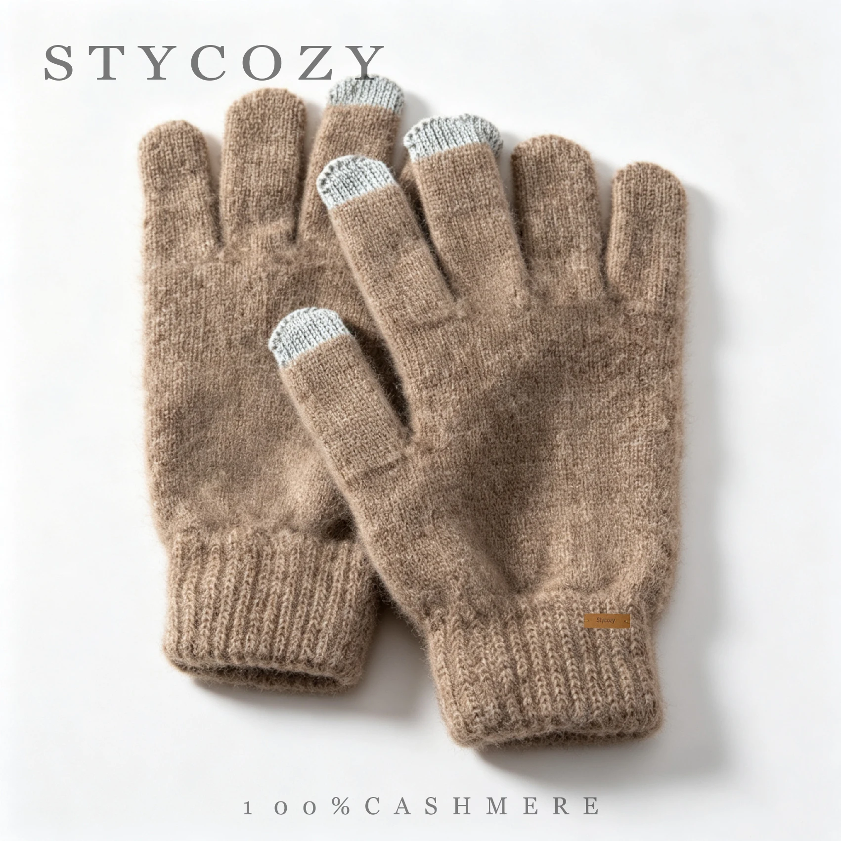 Women 100% Cashmere Knitted Full Finger Gloves Touchscreen Contrast Color Ribbed Cuff Soft Warm Winter Outdoor Driving Hand Wear