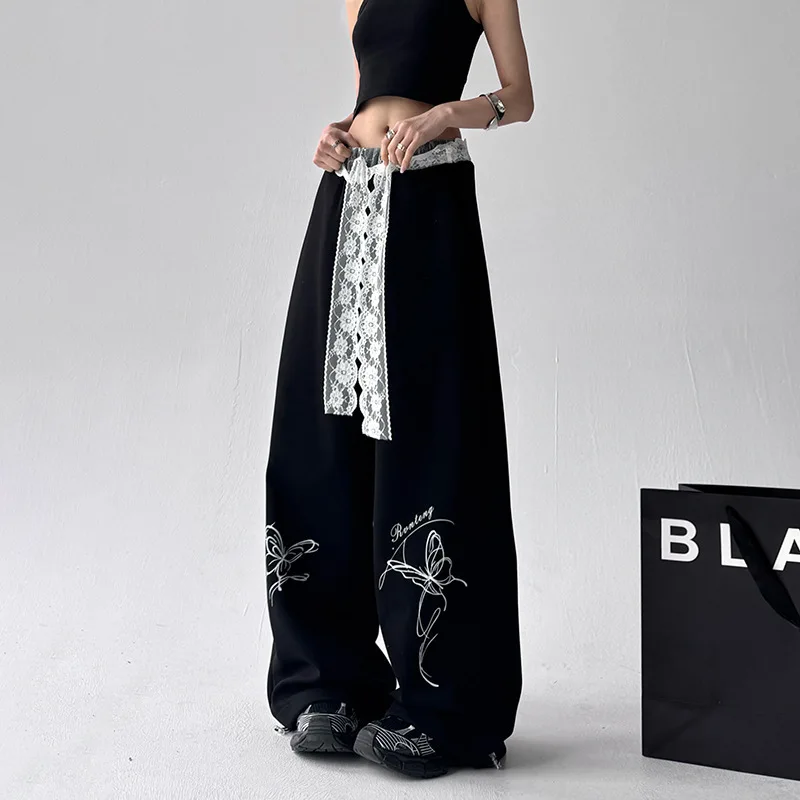 

Американские уличные танцы Ретро кружевные повседневные брюки для женского джаза, Pure Desire, Sweet and Spicy Girl, хип-хоп, широкие брюки Новые