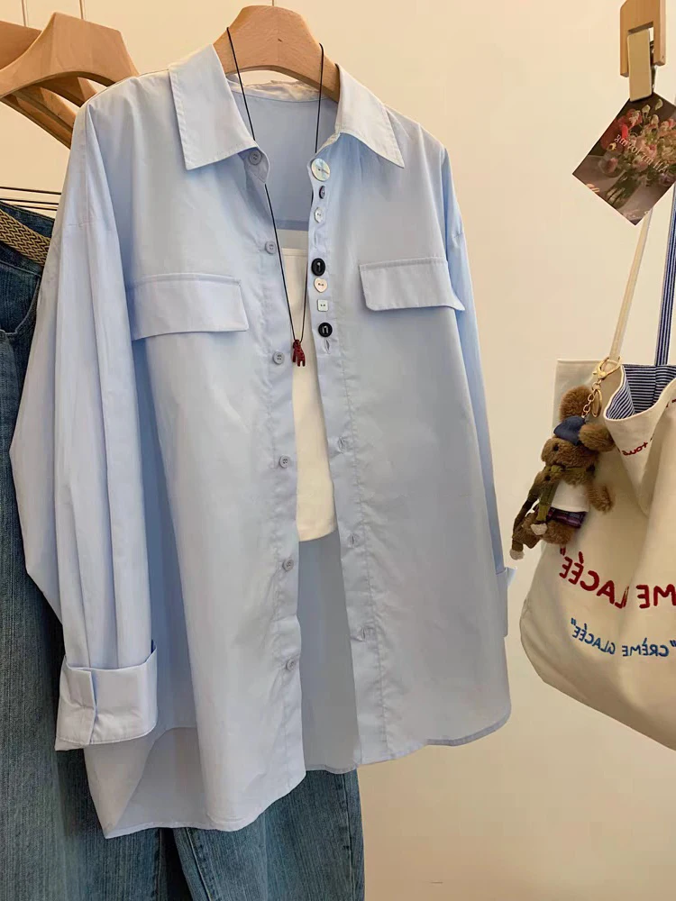 

Ele Blue Long Sve Collar Loose Women's irt Spring Autumn Korean Sle Lazy Faion Versatile Open Cardigan Top