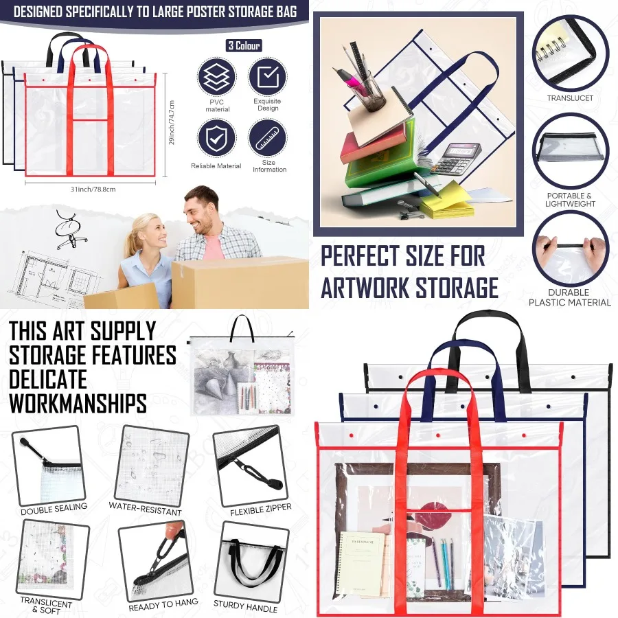 Confezione da 3 sacchetti portfolio artistici di grandi dimensioni per riporre e visualizzare poster: cartelle in PVC resistenti con tasche interne e bordi rinforzati