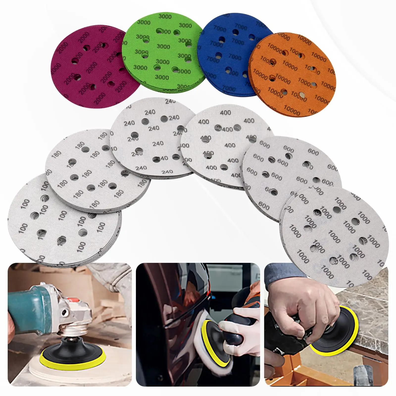 5 Inch 8 Holes Wet and Dry Sandpaper Kit 54 Pcs 100-10000 Grit with M10 Backing Pad Hook Loop Soft Foam Buffering Pad for Wood