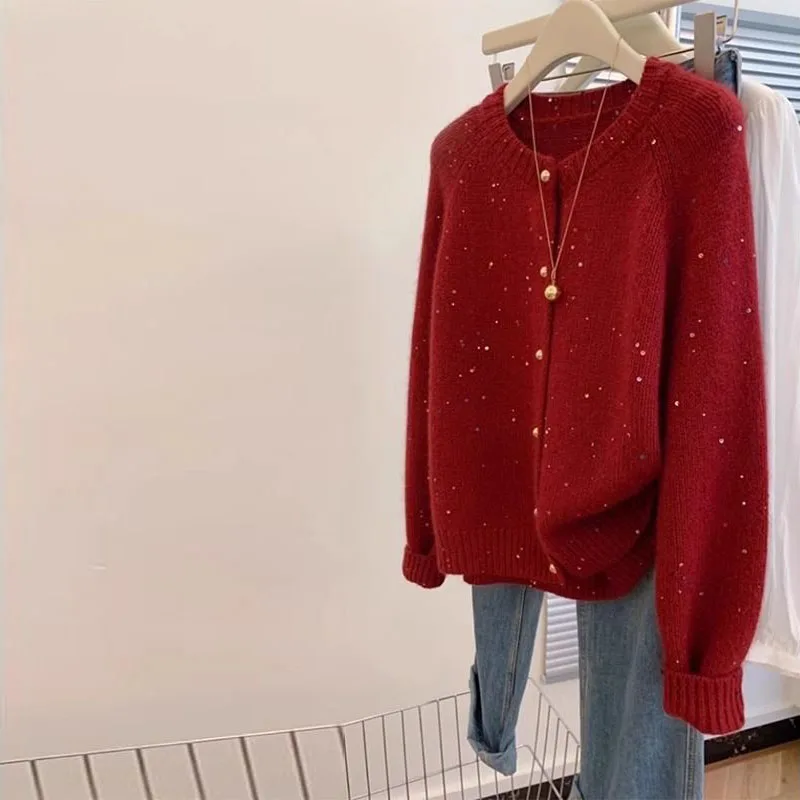 Gentle atmosphere sequined round neck sweater cardigan for women Spring and Autumn retro red soft and sticky knitted jacket