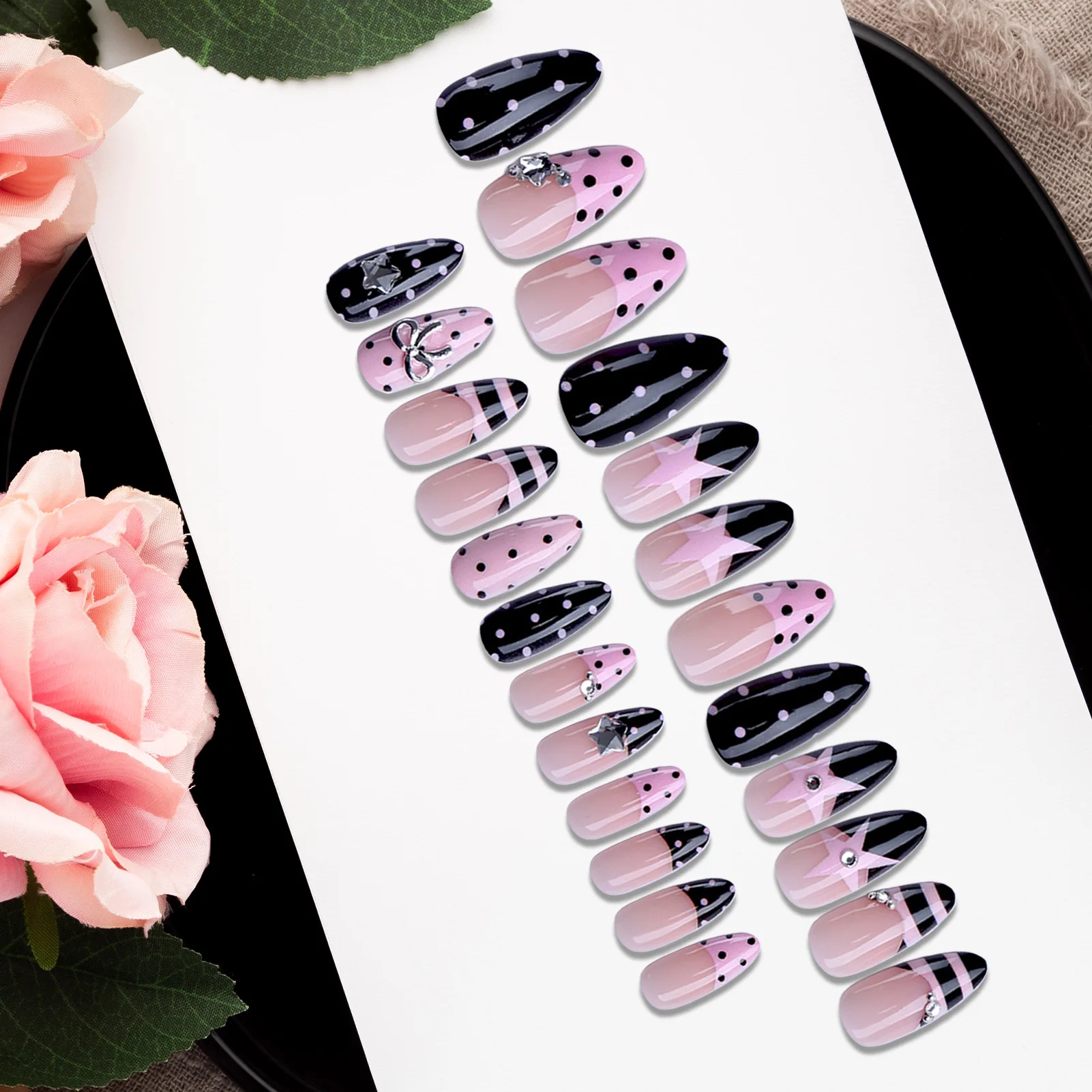 24pcs Sweet Cool Spicy Girl Fake Nails Y2k Five-pointed Star Designs Press On Nails Pink Black Polka Dot French Style False Nail