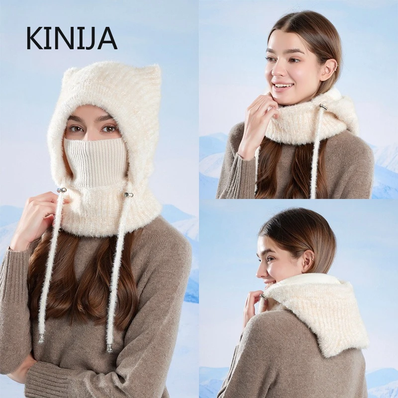Winter Women Velvet Knitted Woolen Balaclava Hat Ear Protection Fluffy Hat Mask Neck Integrated Warmth Cover Hat Lady Hooded Cap