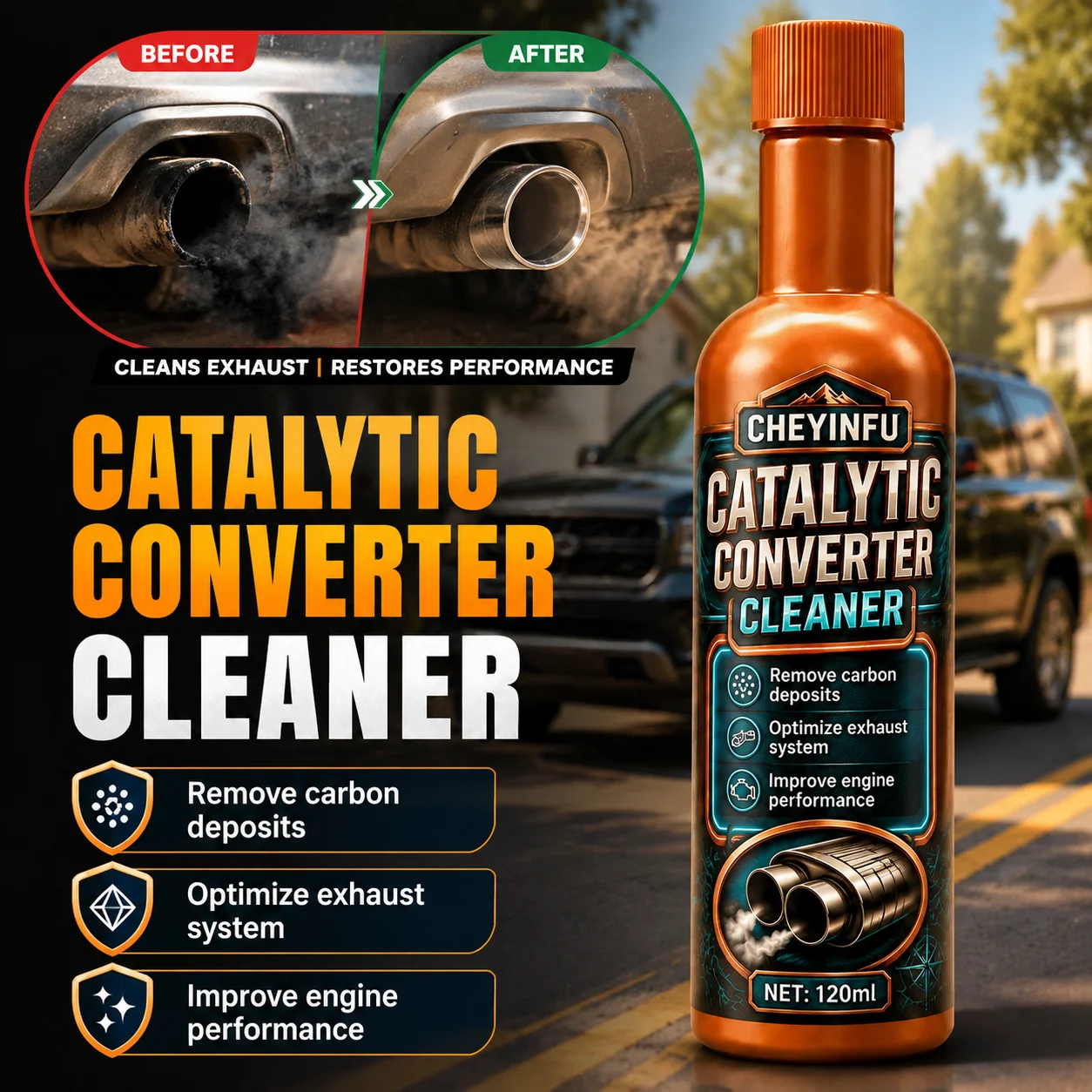 CHEYINFU 120ml Catalytic Converter Cleaner No-Dismantling Carbon Deposit Removal Additive