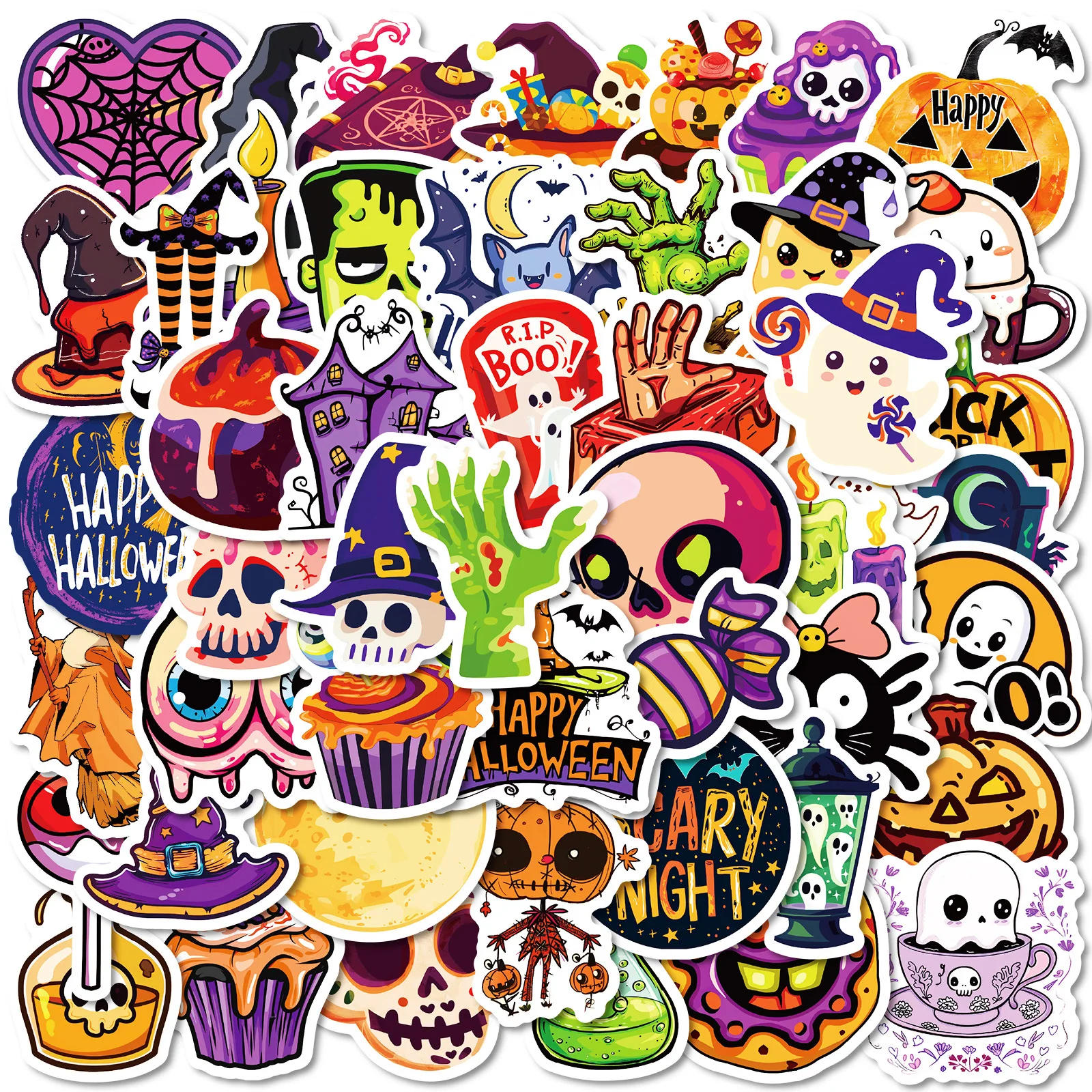 

10/30/50PCS Halloween Fun Cartoon Skull Pumpkin Head Doodle Stickers Decoration Notebook Scrapbook Scooter Decal Toy Stickers