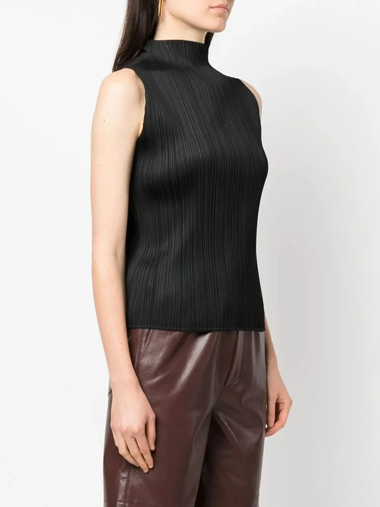 ISSEY Basic Classic Style Ruffled High-neck Solid Color Slim-Fitting Sleeveless Turtleneck Top Shirt