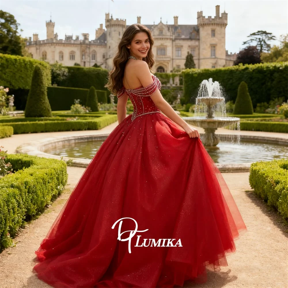 Sukienka Quinceanera z siateczki rubinowej, z odkrytymi ramionami, w stylu vintage, z dekoltem w kształcie serca, suknia balowa, klasyczna sukienka z haftem z cekinami i koralikami.