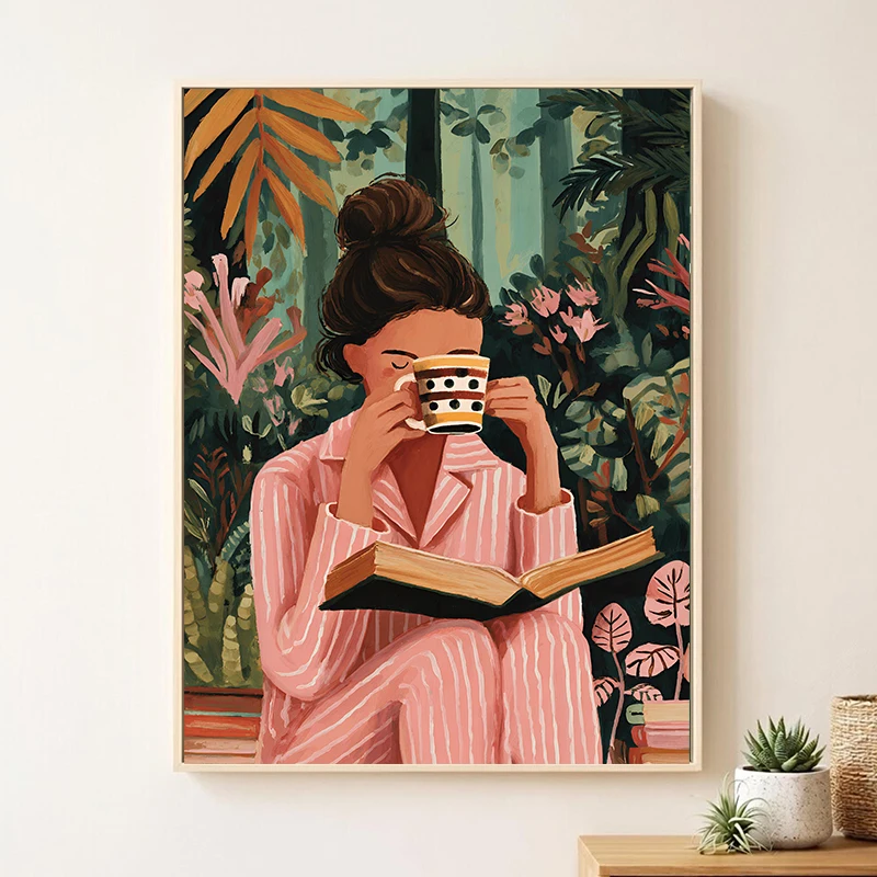 Modern Floral Reading Woman Art Poster Feminine Cozy Wall Art Canvas Painting Print Abstract Pink Feminine Home Picture Decor