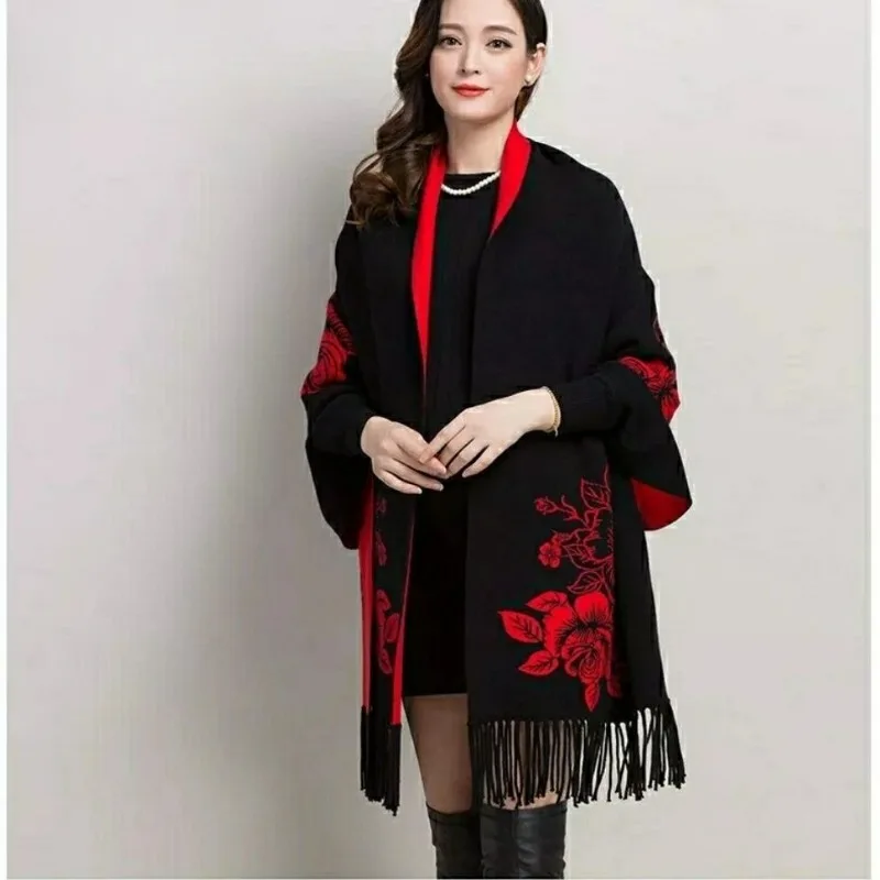 

Autumn and Winter Shawl Women's Scarf Warm Knitted Dual-purpose Sweater Cape Peony Flower Coat Thick