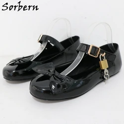 Sorbern Black Lockable Flat Lolita Shoes Women Cute Round Toe Ankle Straps With Locks Mary Jane Shoe Custom Colors