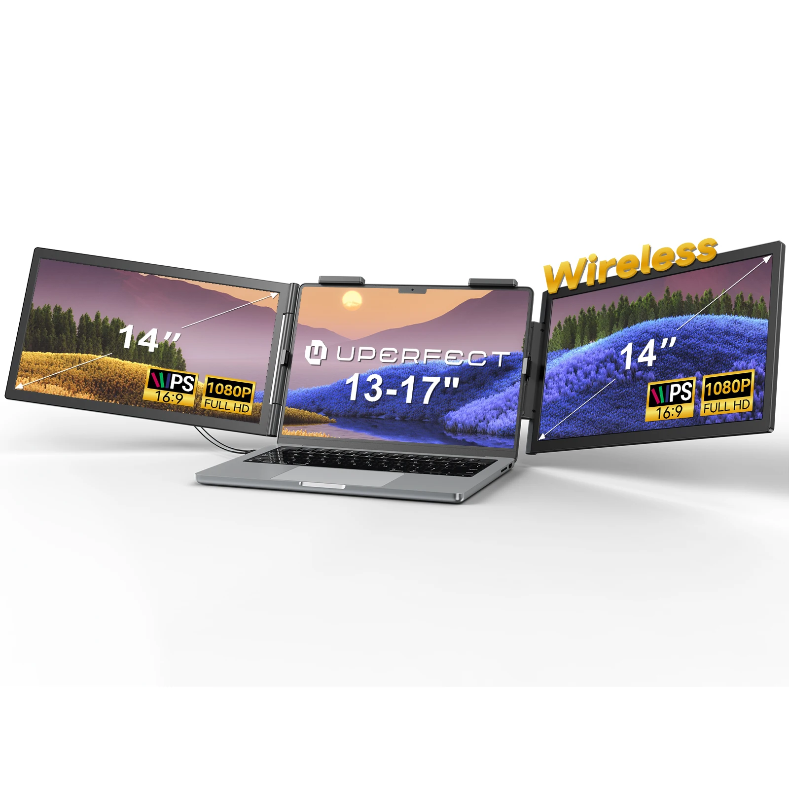 UPERFECT 14'' Wireless Laptop Screen Extender Triple Portable Monitor Ultra-Slim Dual Travel Monitor 100% sRGB Plug-Play Extender Display für MacOS / Win / Android Passt 13,3-17,3" Laptops
