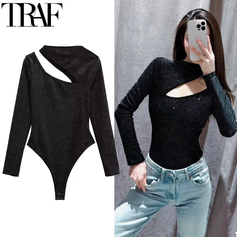 TRAF Sexy Woman Bodys Velvet Sequin Black Body For Women Cut Out Long Sleeves Shiny Bodysuit Sexy Slimming Body Thong Bodysuit