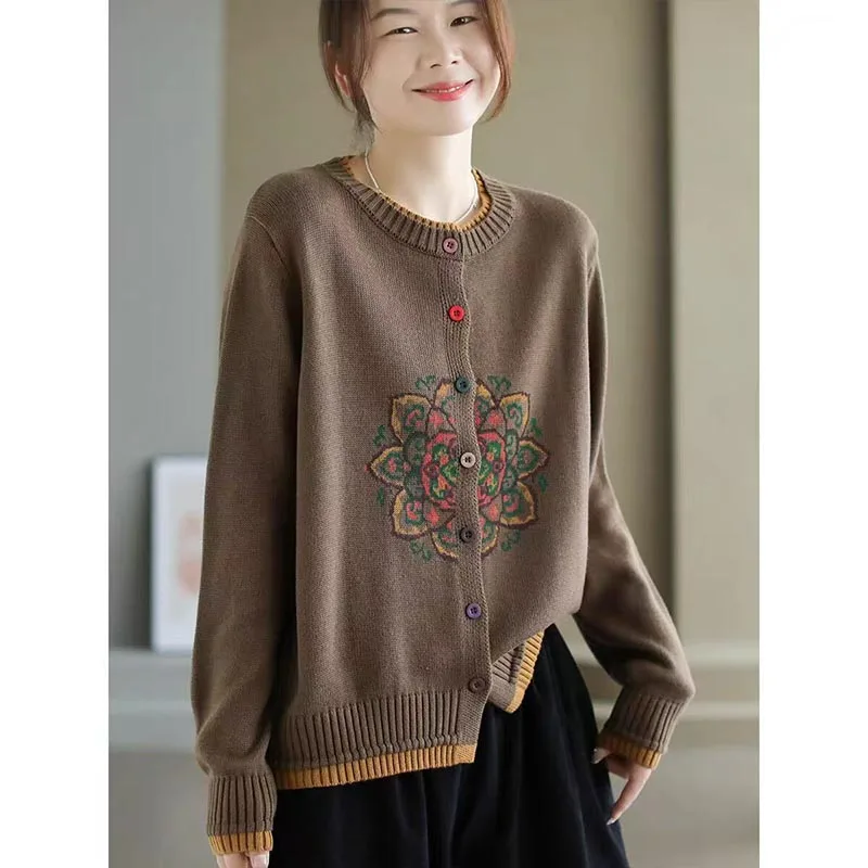 Autumn Winter New Fashion O-neck Embroidery Knit Cardigan Women Clothing Casual All-match Single Breasted Sweaters Lady Y2k Tops