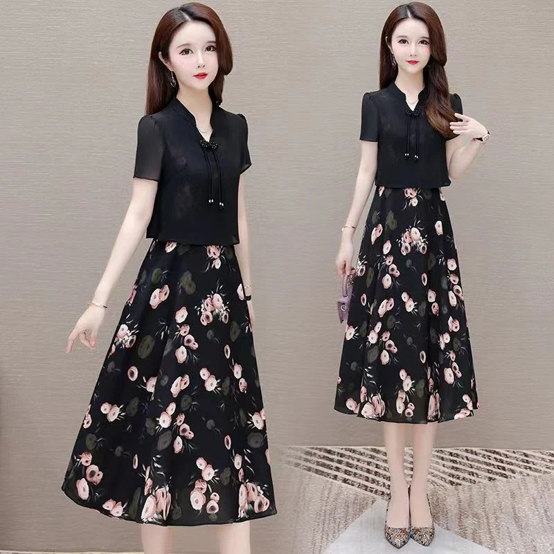 

Female Casual Fake Two-piece Dress 2024 Summer Women's New With A Slimming Temperament Printed Patchwork Mid Length A-line Skirt
