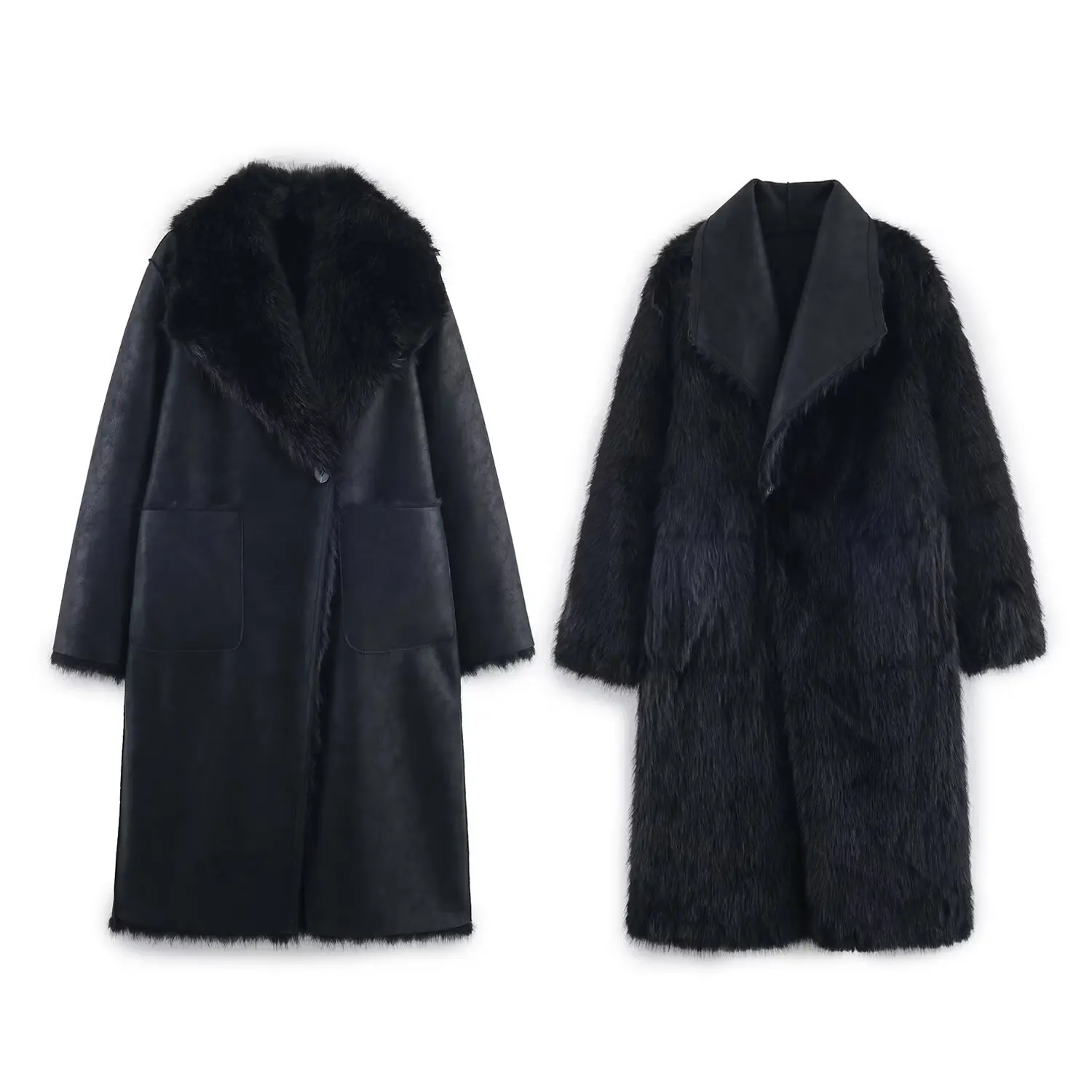 

Reversible Black Women Mink Fur Overcoat Furry Collar Big Pockets Female Artificial Fur Coat Long Slouchy Lady's Eco Fur Coat