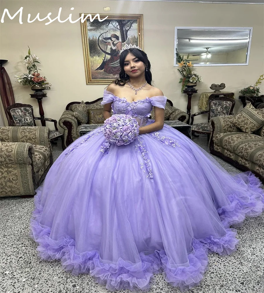 Prinzessin Flieder Quinceañera Kleider Schulterfrei Spitze Blumen Hochzeitskleid Vestidos De 15 Años 2025 Geburtstagsfeier Maßgeschneidert