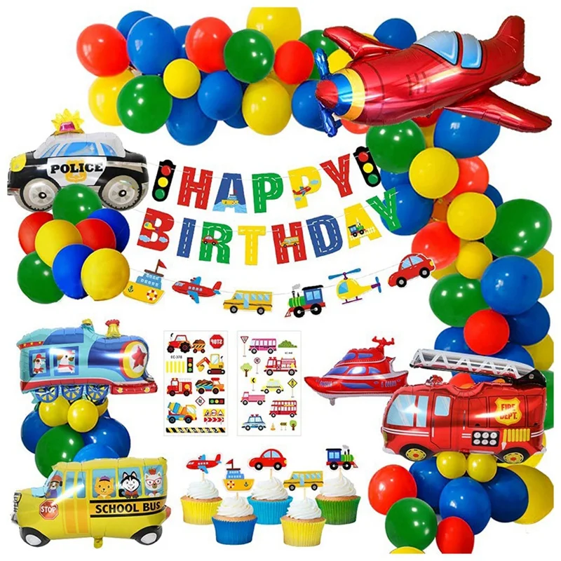 Kid Birthday Decoration, Happy Birthday Banner Balloon Garland Vehicles Party Birthday Party Decor for Boy Baby Shower