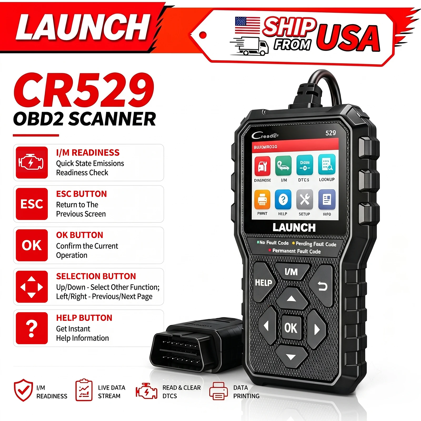 LAUNCH Creader 529 CR529 OBD2 Scanner Car Diagnostic Tool OBDII Code Reader Auto Scan Tool Engine Fault Code Reader DIY Vehicle Diagnostic Scanner