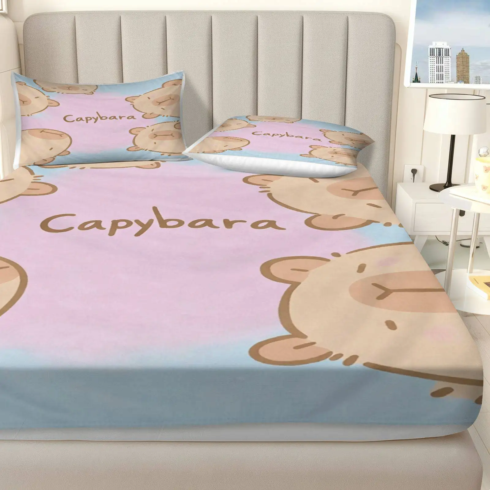 3-Piece Mattress Protector Set, 2D Flat Printed Fitted Sheet, Capybara Pastel Color Fitted Sheet Set, Soft and Breathable Polyester Material, Home Bedroom Decoration, Holiday-Themed Fitted Sheet and Pillowcase, Mattress Protector, Stain-Resistant, Mattress Cover, Suitable for All Seasons, Machine Washable, Easy to Care For, Universal for Home Bedrooms, Essential for Dorms and Rentals, Master Bedroom and Guest Room Decoration, Dust-Proof and Stain-Resistant, High Elasticity, Fits Various Sizes